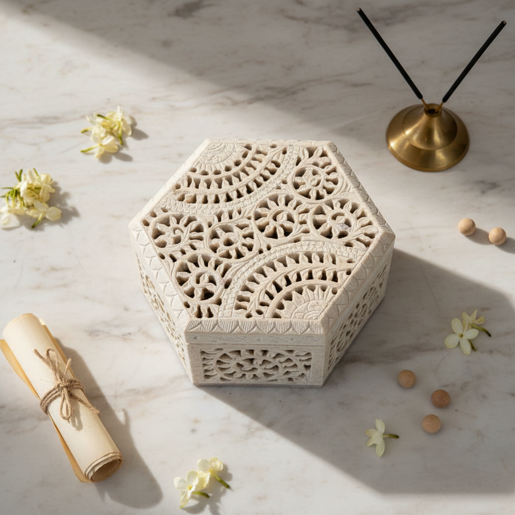 Ivory Lotus Carved Box