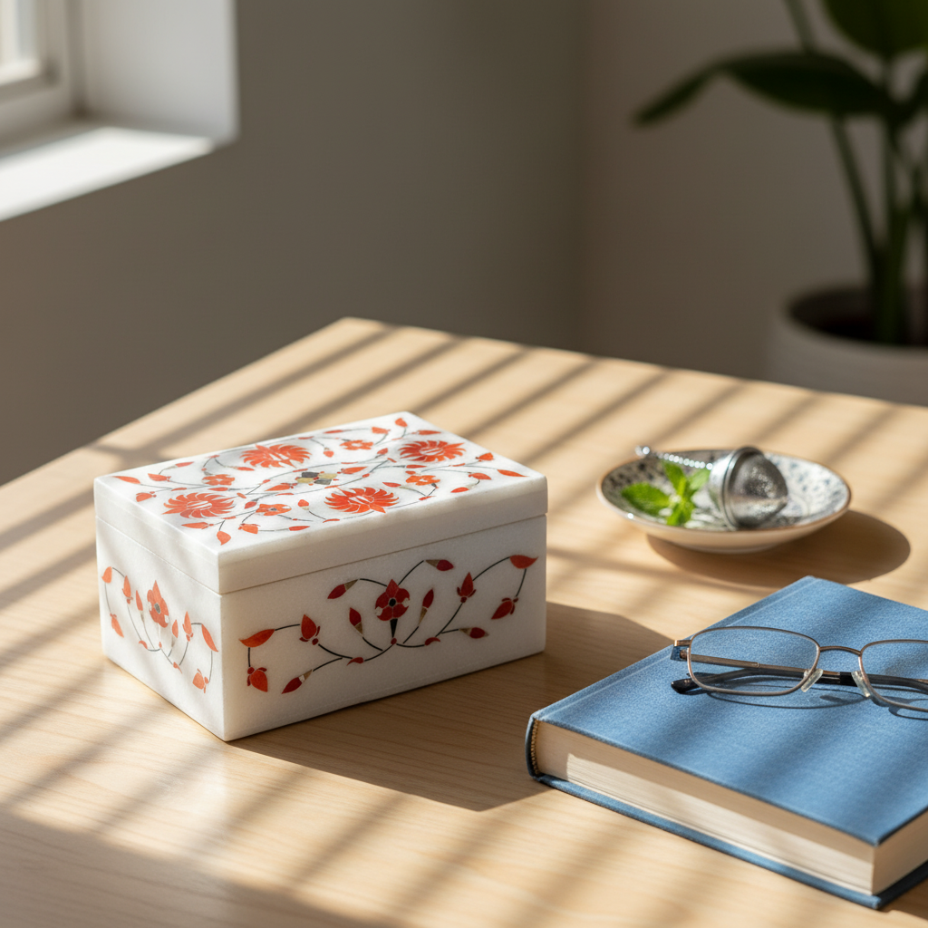 Crimson Bloom Marble Jewellery Box