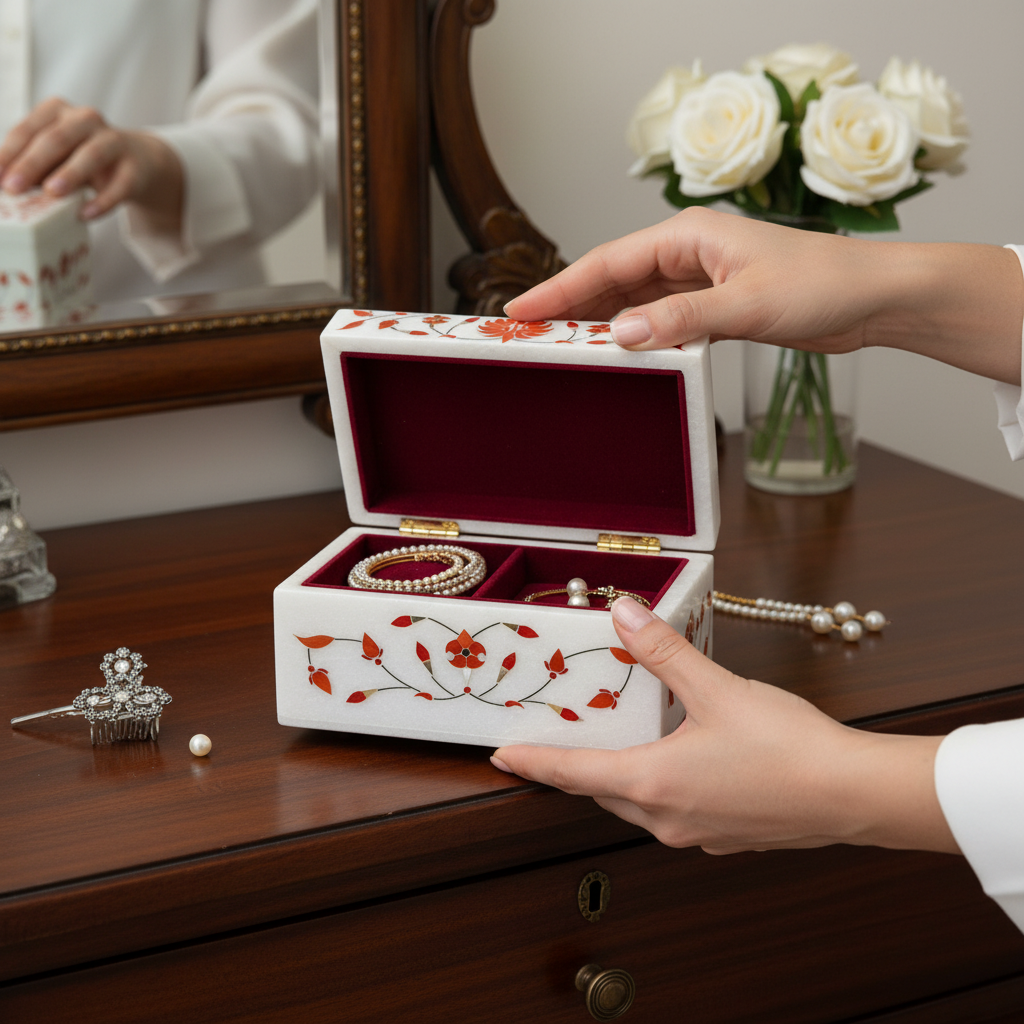Crimson Bloom Marble Jewellery Box